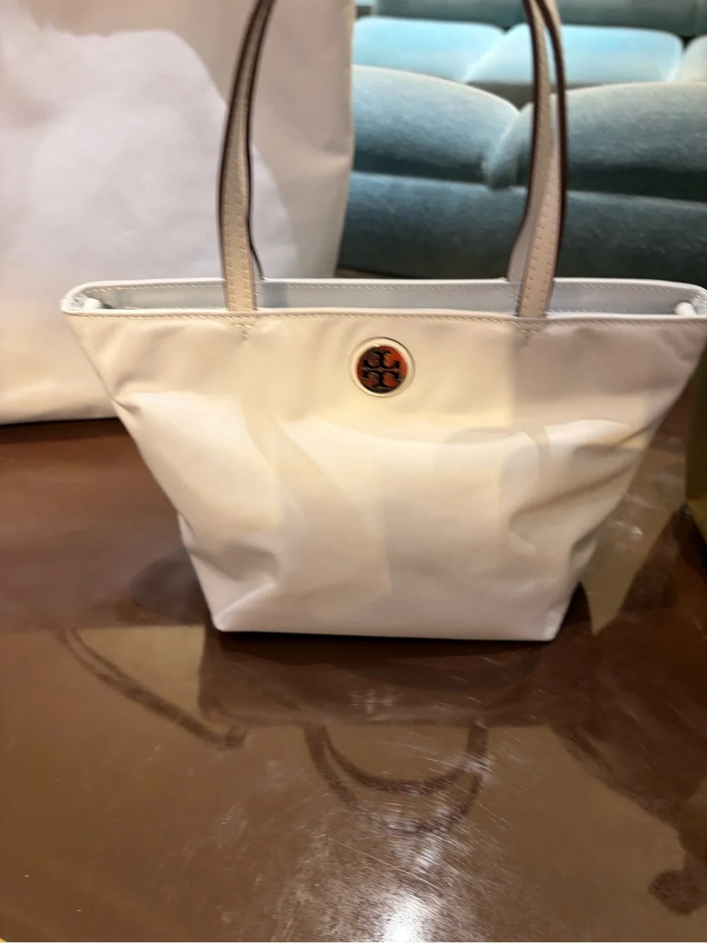 Tory Burch nylon printed mini tote with shoulder strap pattern color light blue
